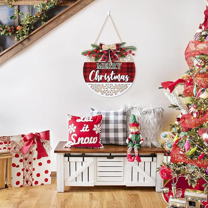 CHDITB 3D Merry Christmas Front Door Sign Wreath(11.4”), Red Black Bufflao Plaid Christmas Decoration Wall Hanging with Snowflakes Berries Mistletoe, Rustic Farmhouse Xmas Decor for Home Winter Party
