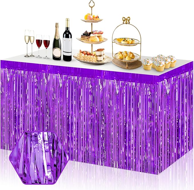 3 Pack 29x108 Inch Purple Foil Fringe Table Skirts Metallic Banner for Tinsel Streamer Garland Backdrop for Parade Floats Wedding Thanksgiving Birthday Christmas Halloween Party Decoration