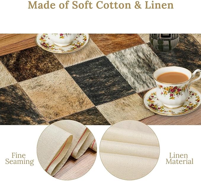 Rustic Cow Skin Patchwork Print Table Runner, Farmhouse Country Western Style Fur Table Cover for Dinning Home Party Holidays Home Setting, 13x120 Inch