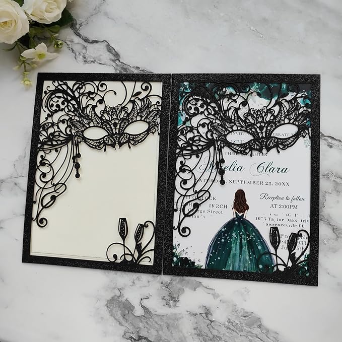 20PCS Masquerade Invitations, Quinceanera Invitations,masquerade wedding invitations,pocket invitation with envelops for xv,16 birthday,bridal shower,wedding,Anniversary,holiday party,etc.