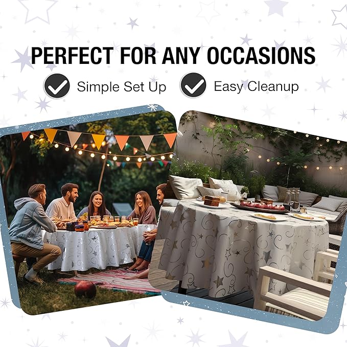 Exquisite Silver Star Tablecloth Plastic 12-Pack Disposable Round Tablecloths 84" Silver Star Table Cloths Round Table Covers Plastic Tablecloth for Party Decorations