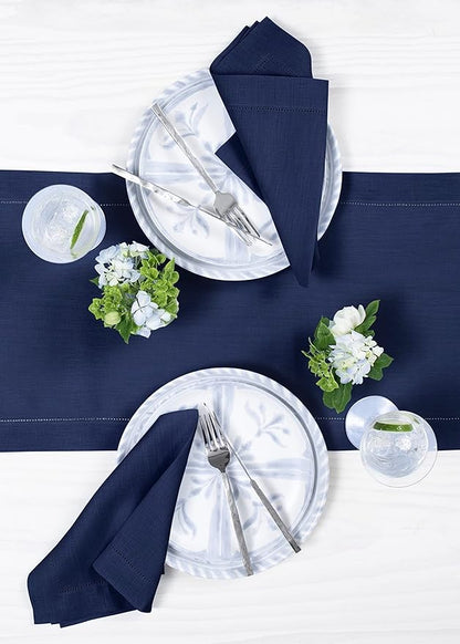 Solino Home Linen Navy Blue Table Runner 120 Inches Long - 100% Pure Linen Hemstitch 14 x 120 Inch Table Runner for Dining, Fall, Autumn, Thanksgiving, Christmas - Classic Hemstitch