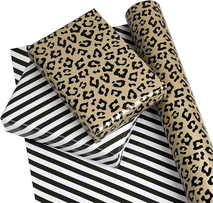 WRAPAHOLIC Reversible Leopard Wrapping Paper - Mini Roll - 17 Inch X 33 Feet - Leopard Print with Metallic Foil Shine and Stripe Design for Birthday, Holiday, Baby Shower