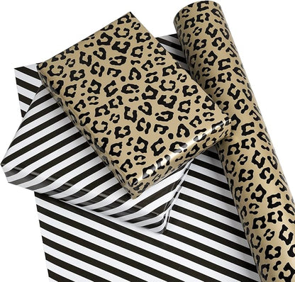 WRAPAHOLIC Reversible Leopard Wrapping Paper - Mini Roll - 17 Inch X 33 Feet - Leopard Print with Metallic Foil Shine and Stripe Design for Birthday, Holiday, Baby Shower