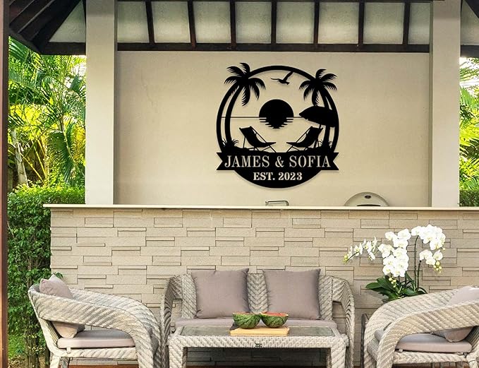 Personalized Beach Metal Monogram Sign, Custom Palm Trees Sign, Outdoor Metal Family Name Sign, Custom Last Name Sign, Beach Coastal House Decor