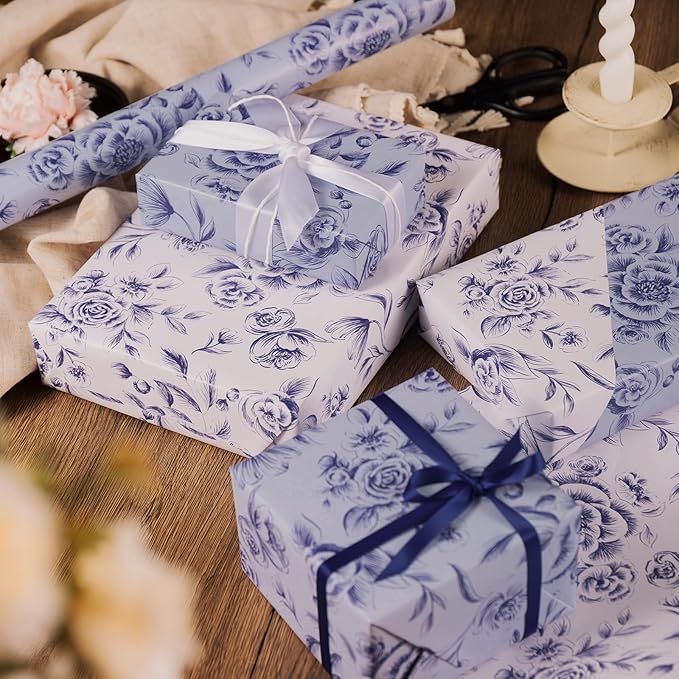 WRAPAHOLIC Jumbo Reversible Floral Wrapping Paper Roll - 30 Inch x 33 Feet - Purple Flower Wrapping Paper for Wedding, Bridal Shower, Mother's Day, Birthday, Baby Shower
