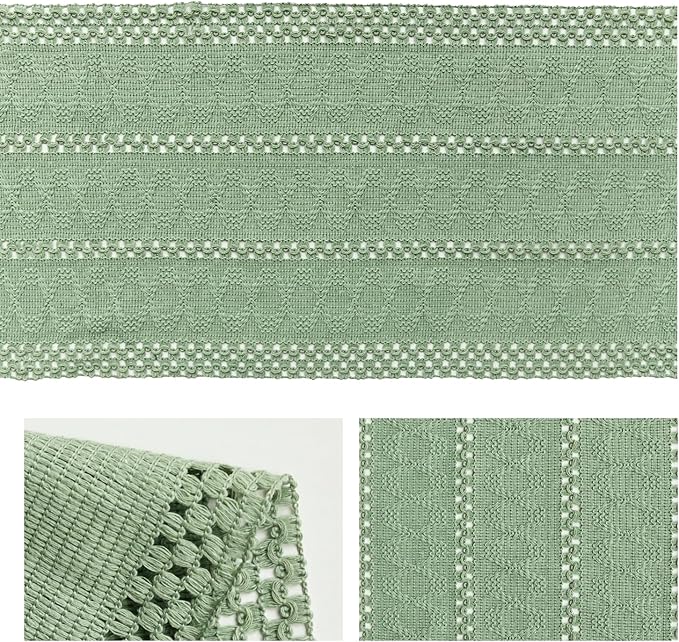 Artoid Mode Light Green Farmhouse Woven Rustic Hollow Table Runner, Seasonal Holiday Hollow Kitchen Dining Table Decoration for Home Party Decor 12x90 Inch