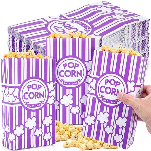 Leinuosen 200 Pcs Paper Popcorn Bags Bulk 2 oz Large Flat Bottom Boxes Disposable Container Sleeve Movie Night Popcorn Bucket for Retro Movie Themed Party Carnival Supplies (Purple)