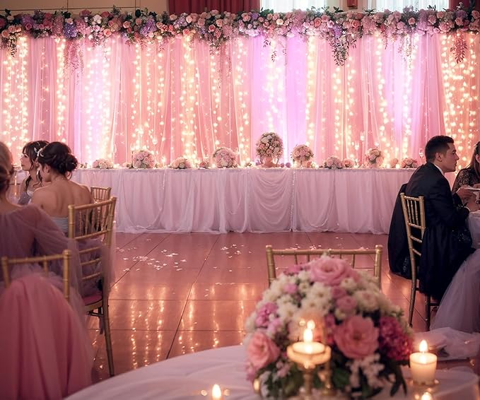 20ft x 10ft Pink Tulle Photo Backdrop Curtain with Lights String for Baby Shower Sheer Baby Pink Curtain Backdrop for Birthday Party Wedding Photo Booth Photography Background Decorations
