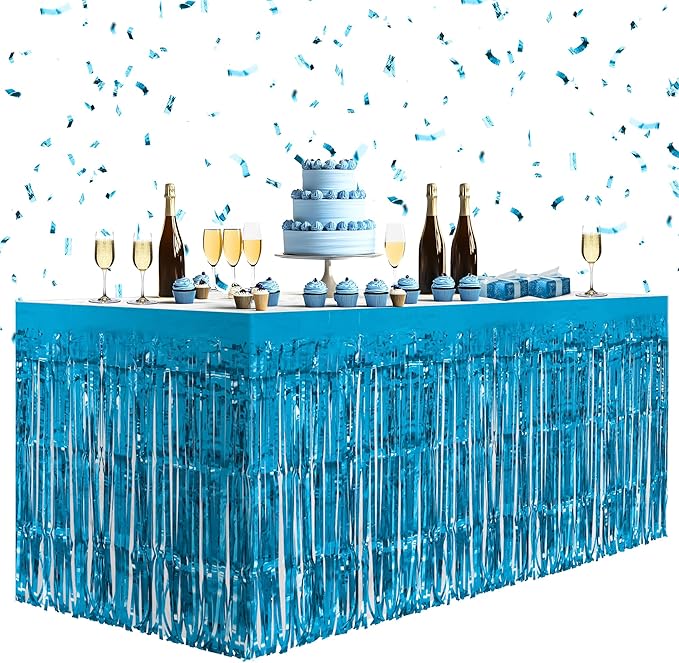2 Pack Lake Blue Table Skirts, 29x108" Metallic Foil Tinsel Fringe Table Skirts for Rectangle Tables Streamer Curtains Backdrop, Party Decorations for Birthdays Weddings Holidays