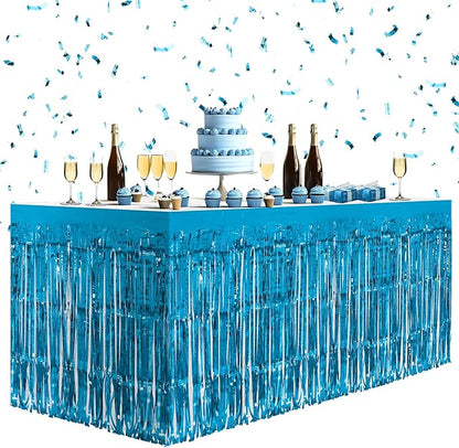 2 Pack Lake Blue Table Skirts, 29x108" Metallic Foil Tinsel Fringe Table Skirts for Rectangle Tables Streamer Curtains Backdrop, Party Decorations for Birthdays Weddings Holidays