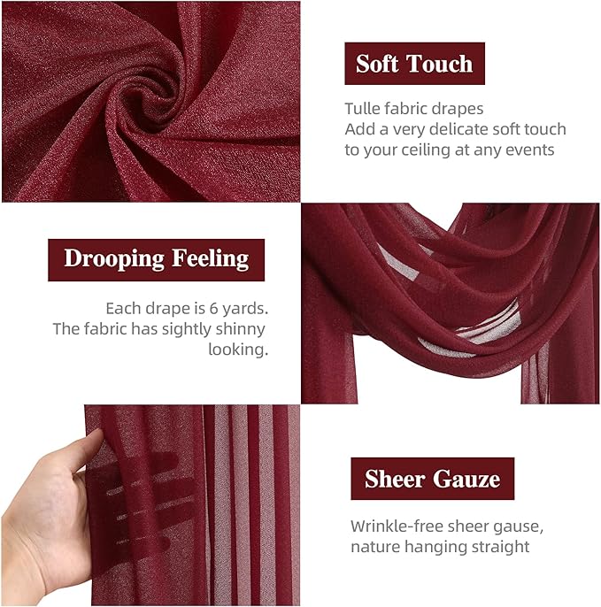 PARTISKY Wedding Arch Draping Fabric, 2 Panels Burgundy Sheer Backdrop Curtain Tulle Fabric Drapery for Arbor Wedding Archway Ceremony Party Ceiling Decor Backdrop