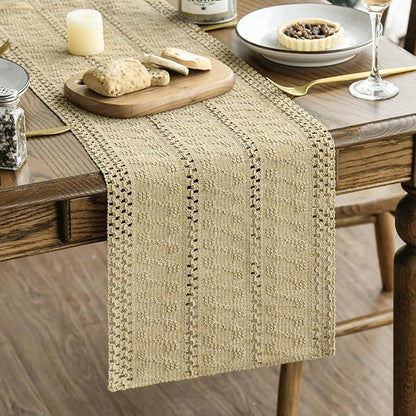 Artoid Mode Burlap Brown Farmhouse Woven Rustic Hollow Table Runner, Seasonal Holiday Hollow Kitchen Dining Table Decoration for Home Party Decor 12x108 Inch