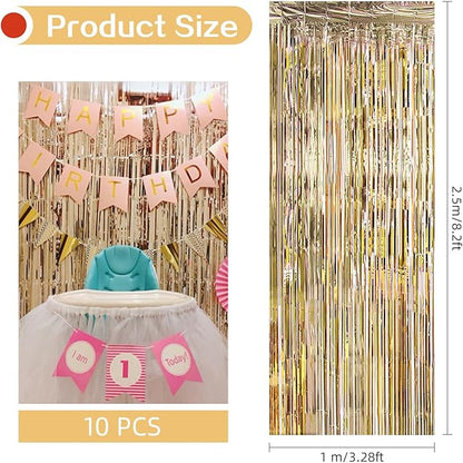 10 Pack Champagne Gold Backdrop Curtain 3.2ft x 8.2ft Metallic Tinsel Foil Fringe Curtains Photo Booth Background for Birthday Party Decoration Engagement Wedding Christmas Decor (Champagne Gold)