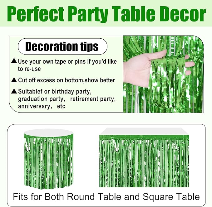 3 Pack 29x108 Inch Light Green Foil Fringe Table Skirts Metallic Banner for Tinsel Streamer Garland Backdrop for Parade Floats Wedding Thanksgiving Birthday Christmas Halloween Party Decoration
