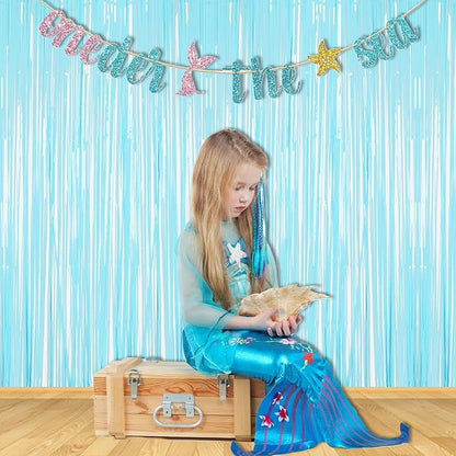 BRAVESHINE Foil Fringe Curtains Party Backdrop - Tinsel Curtain Backdrop Streamers Party Supplies for Halloween/Boo/Baby Boy/Frozen/Under Sea/Shark/Mermaid Birthdays Decorations - 2Pcs Pastel Blue