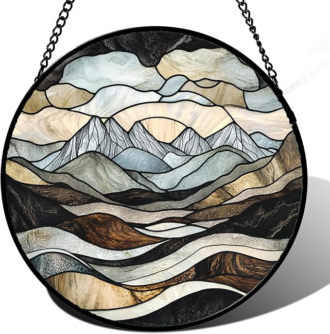 Stained Glass Window Hanging - Grey Mountains Landscape Suncatcher for Doors Garden Patio Retro Sun Catchers Decor Christmas Mother's Day Birthday Gifts for Women Men Mom Nana Friend 6.3 in