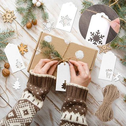 Aneco 150 Pieces Christmas Paper Gift Tags White Kraft Tags Hang Labels Christmas Tree Snowflake Reindeer Design with 30 Meters Jute Twine for Christmas DIY Wrapping Favor Holiday Present