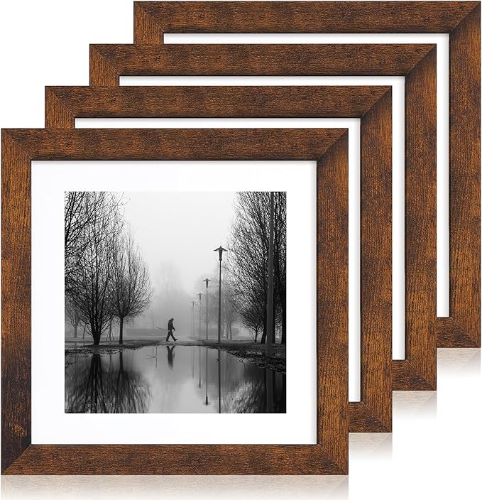 10x10 Picture Frame Set of 4 with Real Glass, Rustic Frames Display 8x8 Picture with Mat or 10 x 10 Without Mat, Wooden Square Photo Frame for Wall Mount and Tabletop Display