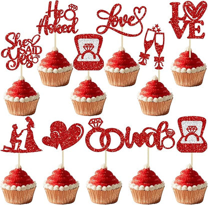 Ephlyn 30Pcs He Asked She Said Yes Cupcake Toppers Glitter Engagement Cupcake Toppers Diamond Ring Heart Love I Do Cupcake Picks for Engagement Wedding Party Cake Decorations Red