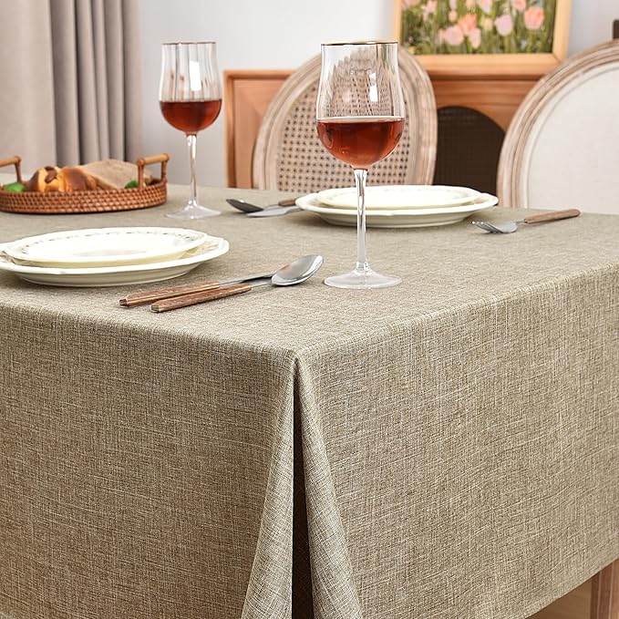 Fitable Faux Linen Table Clothes Rectangle 60 x 144 Inch - 2 Pack Khaki Tablecloths for 10 Foot Tables, Faux Burlap Kitchen Table Covers for Dining, Party, Farmhouse, Banquet, Buffet