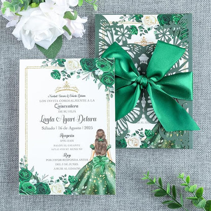 20 PCS 5.12x7.2 Butterfly Personalized Quinceanera Invitation, Customized XV Anos Laser Cut Invitation Cards with Envelopes (Emerald Green Personalized)