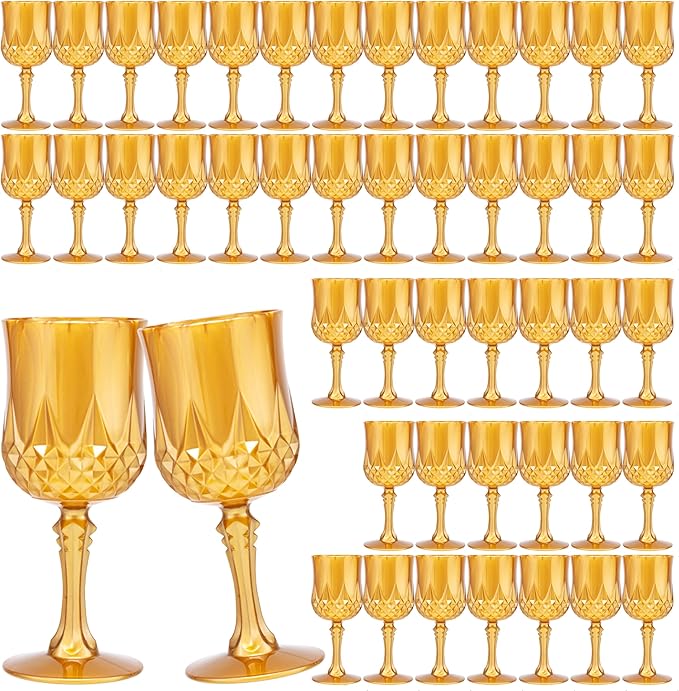 JLYLOL Plastic Vintage Wine Glasses 7OZ Plastic Goblets Vintage Drinking Glasses 48PCS Retro Wedding Glassware Water Goblets Reusable Drinking Cups for Party,Reception,Celebration,Bar,Whiskey(Amber)
