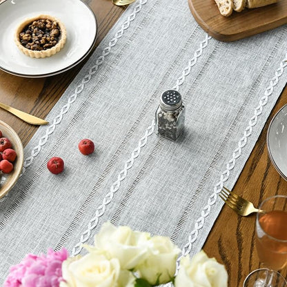 Artoid Mode Grey Rustic Cotton Linen Table Runner, Seasonal Embroidered Hollow Kitchen Dining Table Decoration for Home Party Decor 13x60 Inch