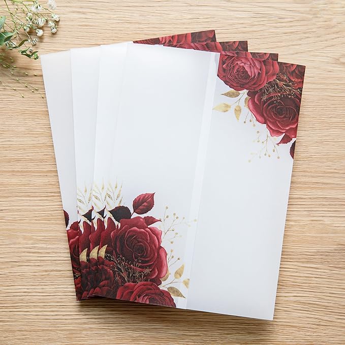 PONATIA 50 Pieces Vellum Jackets for 5x7 Invitation Cards - Red Flowers Printed Vellum Sleeves, Quinceanera Wedding Invitation Cards Wraps, Transparent Christmas Gift Cards Jackets