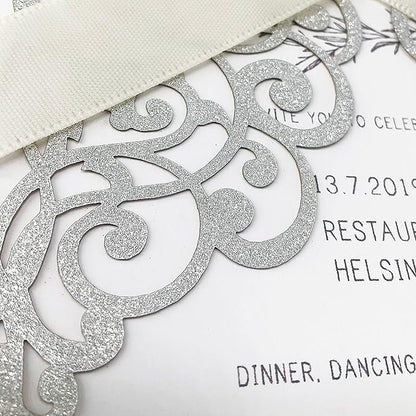 50Pcs Laser Cut Wedding Invitation With Glitter Envelopes And Ribbons Blank Personalized Card Invitaciones Para quinceañera Birthday Baby Shower Christmas Party Bridal Shower (Silver)