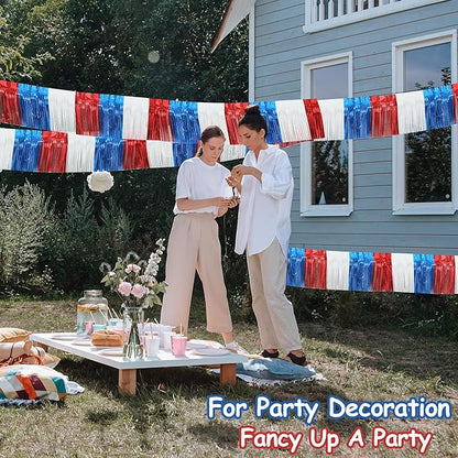 4 Pack 10 Feet Foil Fringe Garland Metallic Tinsel Streamers Banner Wall Hanging Fringe Backdrop Banner for Parade Floats Wedding Birthday Party Decoration (Royal Blue Red White)