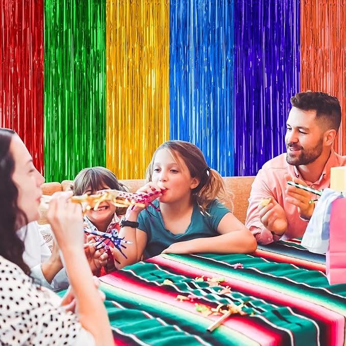 2 Pack Cinco De Mayo Decorations, 3.28 FT x 7.05 FT Fiesta Rainbow Backdrop, Mexican Style Fringe Curtains Tinsel Backdrop Party Streamer, Metallic Taco Party Decorations Mexican Decor