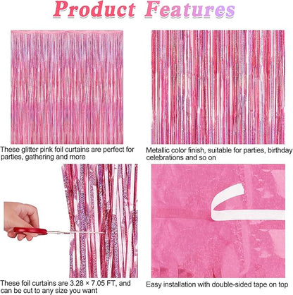 4 Pack Pink Backdrop, 3.28 FT x7.05 FT Foil Fringe Curtains, Metallic Glitter Pink Streamer Fringe Backdrop Foil Curtains, Laser Pink Birthday Party Decorations Bachelorette Decor