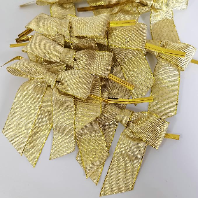 50pcs 2-1/2" Metallic Gold Bows for Crafts Pretaied Christmas Bows for Decoration with Twist Ties Hot Cut Tails(W.Gold)