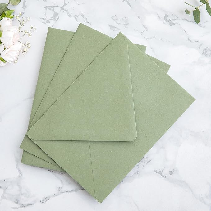 PONATIA 50PCS A7 Euro Flap Envelopes, 5.25 x 7.25'' Sage Green Flowers Liner Envelope for Wedding Invitations, Photos, Postcards, Greeting Cards, Christmas Gift, Acrylic Mailing, 5 x 7 Envelopes
