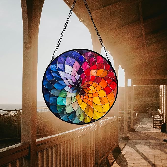 Stained Glass Window Hanging - Colorful Flowers Sun Catcher for Door Terrace Garden Home Decor, Abstract Gradient Suncatcher Birthday Gifts for Lovers Women Men Dad Mom Nana 7.8 in