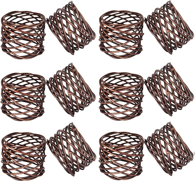 Handmade Copper Antique Round Mesh Napkin Rings Holder for Dinning Table Parties Everyday, Set of 12