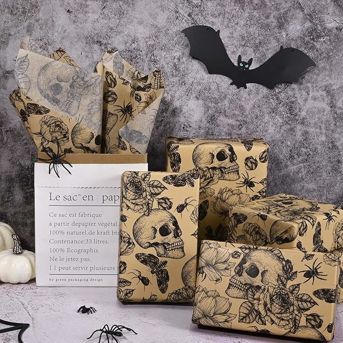 100 Sheets 20 * 14 Inches Vintage Halloween Tissue Paper Kraft Gothic Floral Skull Moth Spider Printed Tissue Paper for Gift Wrapping Spooky Decorative Tissue for Halloween Party DIY Craft Supplies