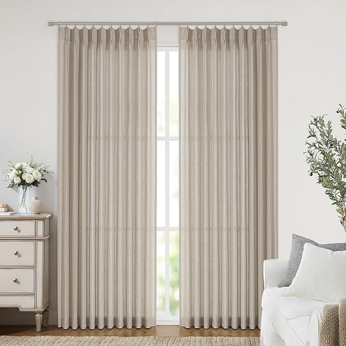 Vision Home Sand Pinch Pleated Semi Sheer Curtains Textured Linen Blended Light Filtering Window Curtains 90 inch for Living Room Bedroom Patio Pinch Pleat Drapes with Hooks 1 Panel 60" Wx90 L