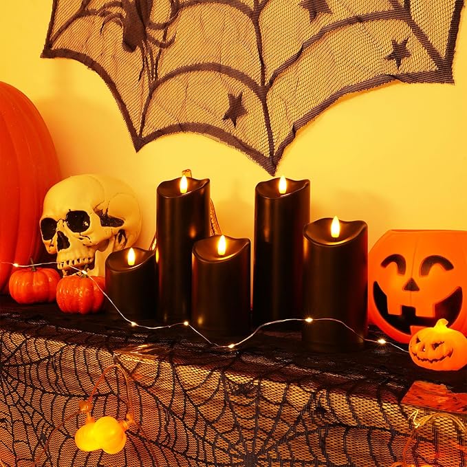 Amagic Black Halloween Flameless Candles with Remote, Waterproof Outdoor Candles Battery Operated with Timer, Plastic Flickering LED Pillar Candle for Holiday, Theme Party, Pumpkin Decor, Set of 5