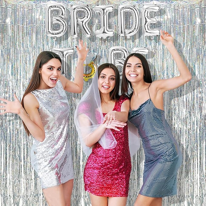 BRAVESHINE Silver Streamers Party Backdrop Decorations - 2Pcs 3.2x8.2ft Tinsel Foil Fringe Curtain Backdrop for Christmas/New Years/Birthdays/Bachelorette/Anniversary/Engagement/Dancing Ball Decor