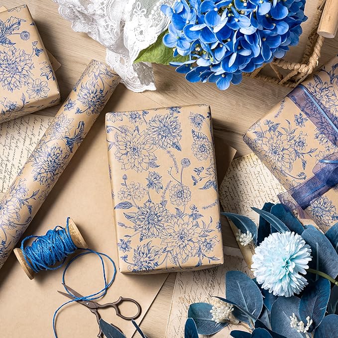 WRAPAHOLIC Kraft Blue Floral Wrapping Paper - Mini Roll - 17 Inch x 16.5 Feet - Vintage Blue Toile De Jouy Flower Wrapping Paper Perfect for Wedding, Birthday, Bridal Shower, Tea Party