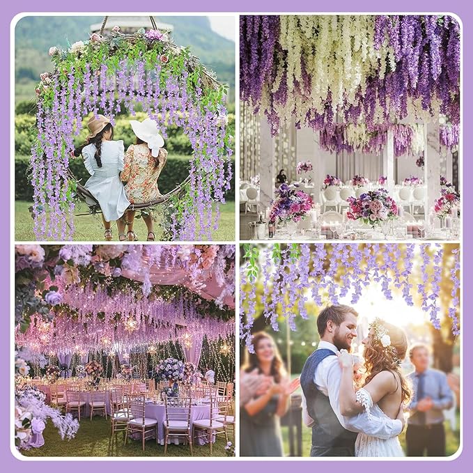 12 Pack Light Purple Wisteria Hanging Flowers Garland with Lights, 3.44 Feet Artificial Flower Vines, Fake Wisteria, Artificial Vines Hanging Garland for Backdrop Outdoor Patio Garden Decor