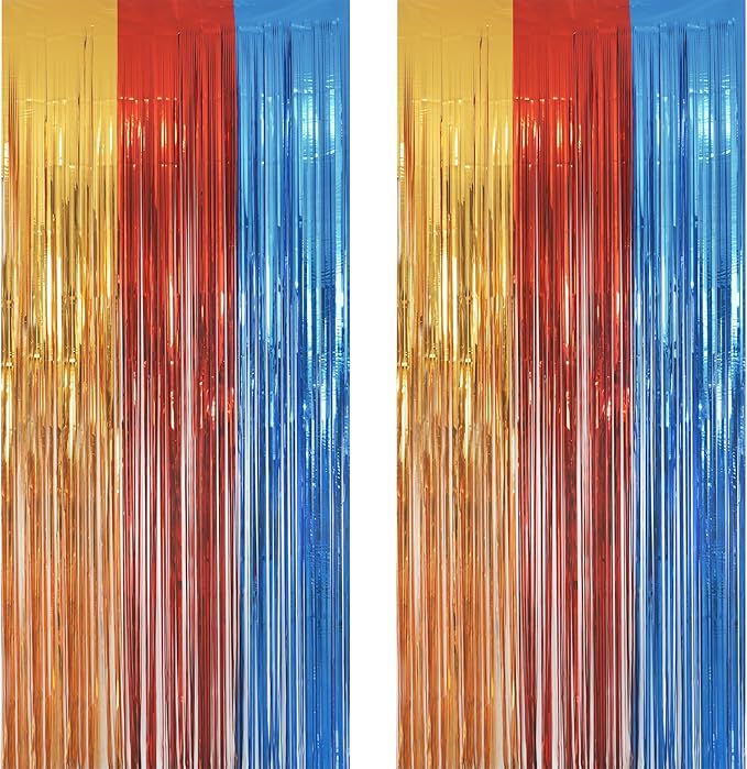 Gold Red Blue Party Backdrop - GREATRIL Tinsel Fringe Curtain for Paw Birthdays Decorations 2 Packs