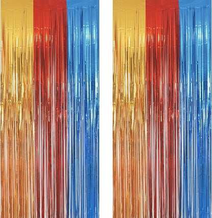 Gold Red Blue Party Backdrop - GREATRIL Tinsel Fringe Curtain for Paw Birthdays Decorations 2 Packs