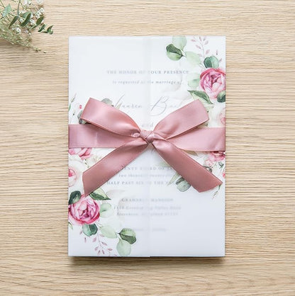 PONATIA 50 PCS Vellum Jackets for 5x7 Invitation Cards - Dusty Rose Flowers Vellum Sleeves, Transparent Gift Card Jackets