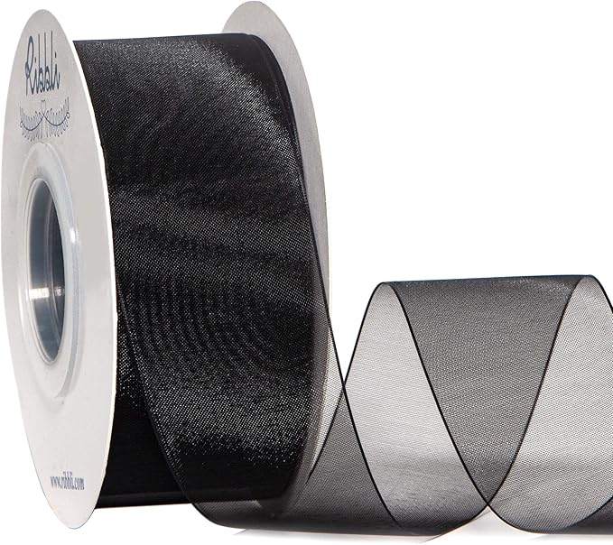 Ribbli Black Sheer Organza Ribbon,1-1/2 Inches x Continuous 50 Yard Use for Gift Wrapping,Bouquet Wrapping,Wedding Decoration,All Crafting and Sewing