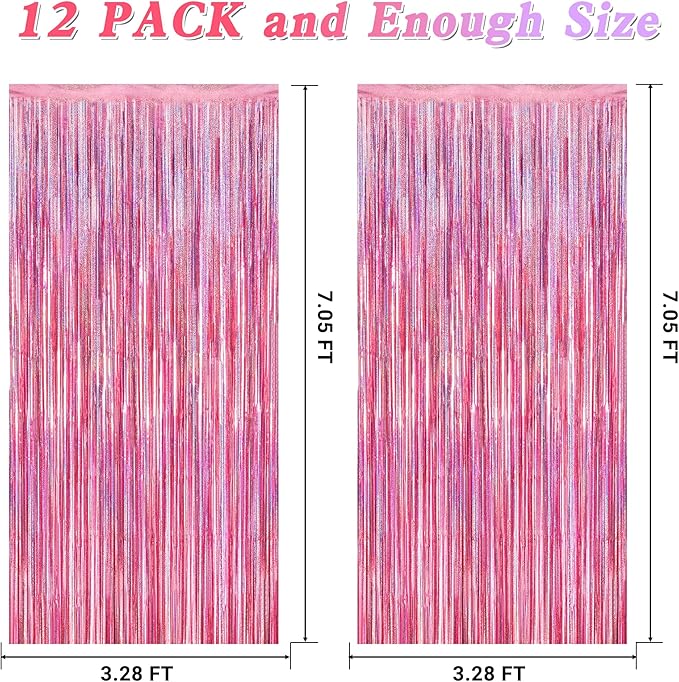 12 Pack Pink Backdrop, 3.28 FT x 7.05 FT Foil Streamers, Metallic Glitter Backdrop Pink Tinsel Fringe Curtains Party Streamers, Pink Birthday Party Decorations Photo Booth Props