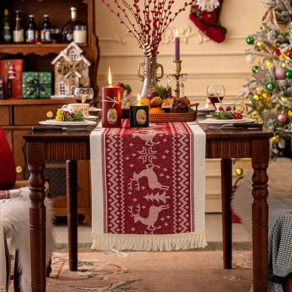 Table Runners 107 Inches,Elk Table Runner with Tassel Fringe,Christmas Table Runner for Party，Coffee Table, Festival