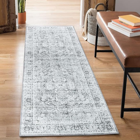 Bloom Rugs Washable Non-Slip 7 ft Runner - Gray/Charcoal Traditional Medallion Runner for Entryway, Hallway, Bathroom, and Kitchen - Exact Size: 2.5' x 7'